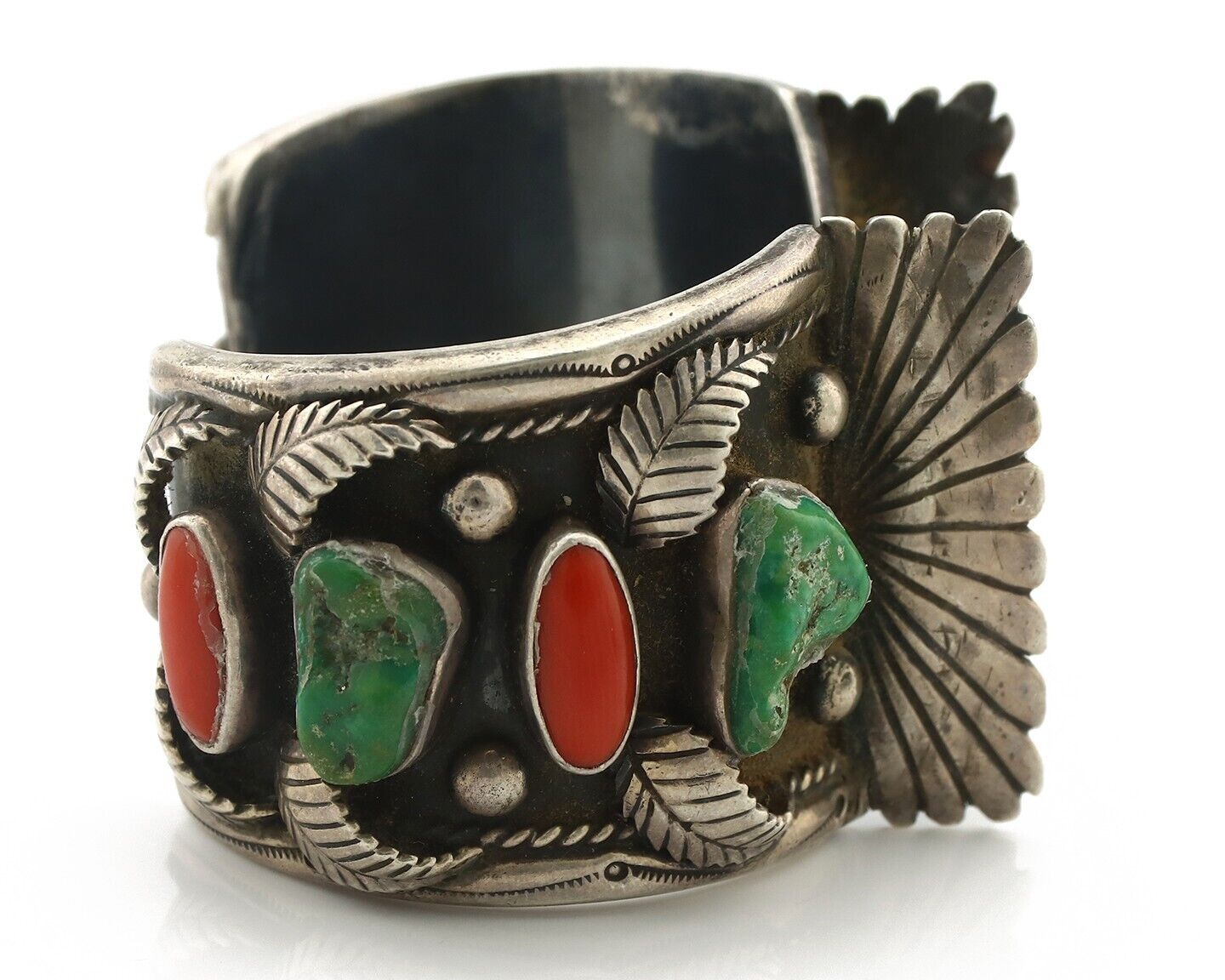 Navajo Cuff Watch Bracelet 925 Silver Green Turquoise Coral Native American C70s