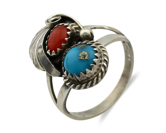 Navajo Ring .925 Silver Turquoise & Coral Artist Signed J Morris C.80's