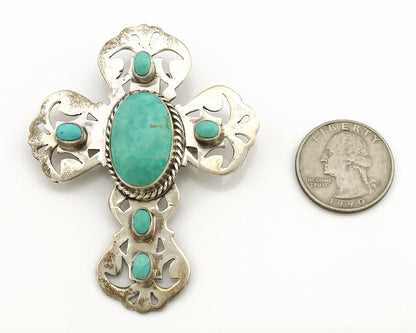 Navajo Cross Pin Necklace .925 Silver Kingman Turquoise Signed EY C.80's