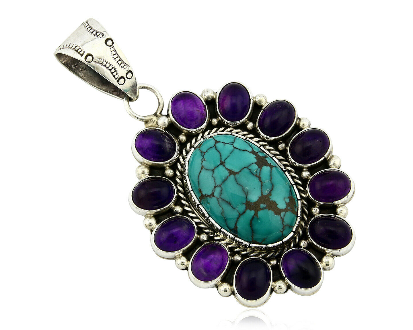Navajo Pendant .925 Silver Natural Turquoise & Amethyst Signed Artist BP C.80's