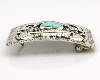 Navajo Belt Buckle .925 Silver Natural Fox Mine Turquoise Artist Signed C.1980's