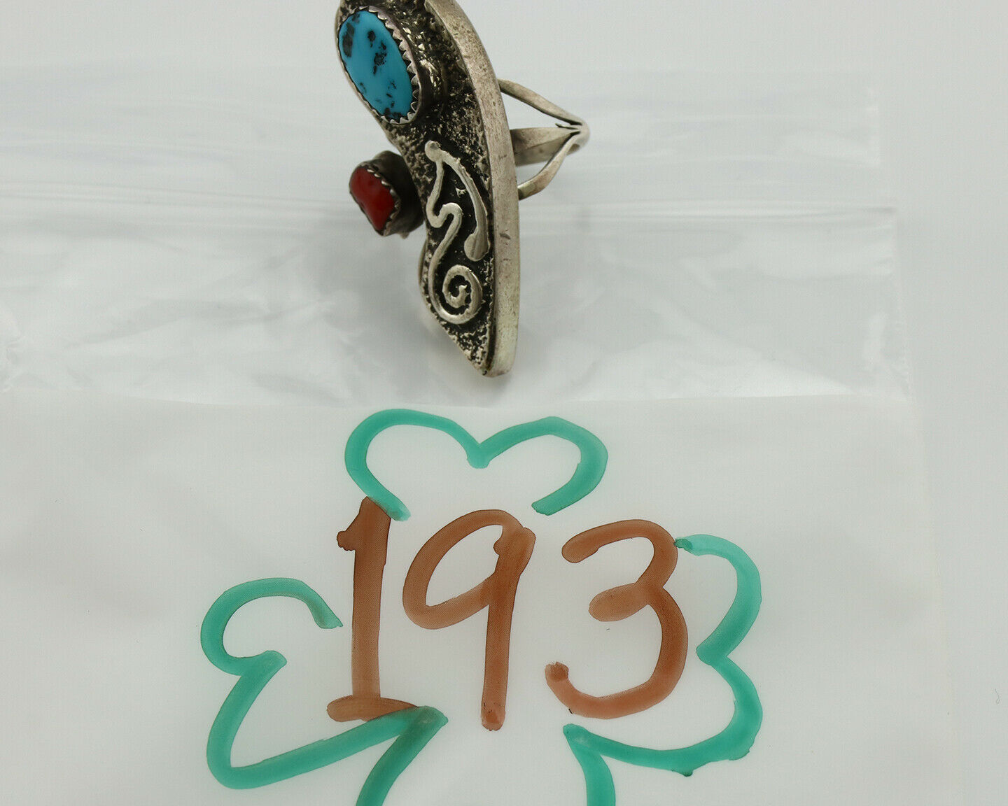 Navajo Ring .925 Silver Turquoise & Coral Native American Artist C.1980's