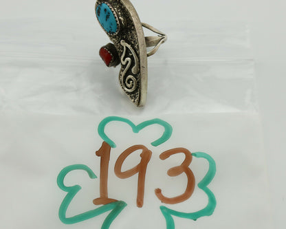 Navajo Ring .925 Silver Turquoise & Coral Native American Artist C.1980's