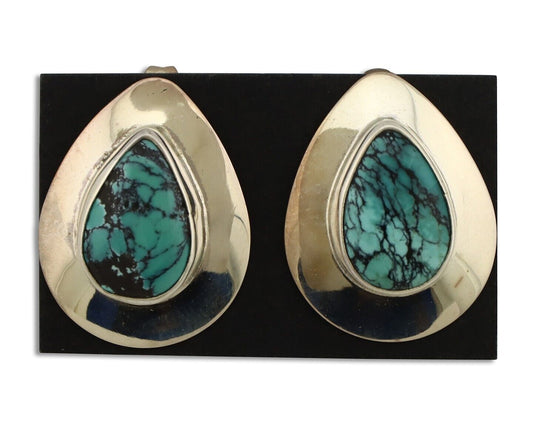 Navajo Earrings 925 Silver Blue Spiderweb Turquoise Native American Artist C90s