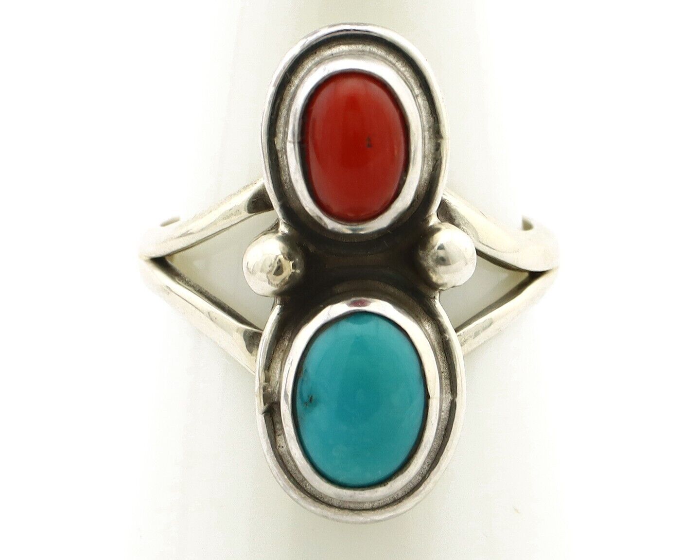 Navajo Handmade Ring 925 Silver Coral & Turquoise Native American Artist C.80's