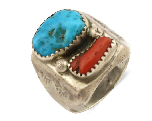 Navajo Ring .925 Silver Kingman Turquoise & Red Coral Signed R C.1980's