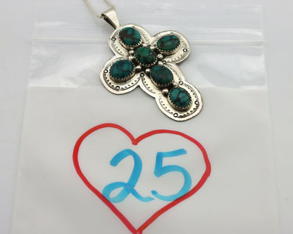 Navajo Cross Necklace .925 Silver Spiderweb Turquoise Native Artist C.80's