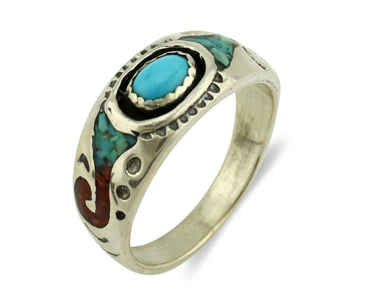 Navajo Handmade Ring 925 Silver Blue Turquoise & Coral Native American C.80's