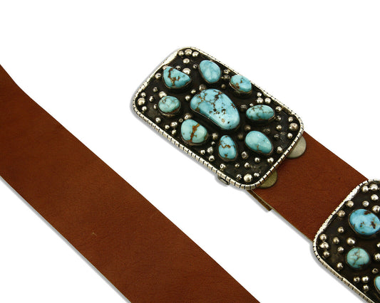 Navajo Concho Belt .925 Silver Blue Gem Turquoise Signed J.S. Circa 80's