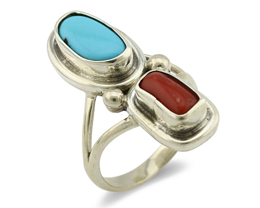 Navajo Ring .925 Silver Blue Turquoise & Red Coral Native American Artist C.80's