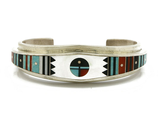 C. 1980's Signed Navajo Artist Ernest Benally Inlaid Gemstone Cuff Bracelet