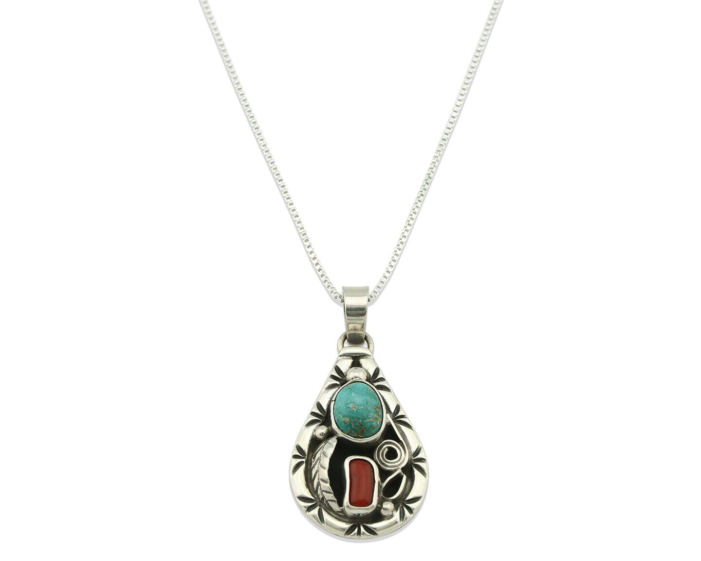 Navajo Necklace .925 Silver Natural Blue Turquoise & Coral Signed Tipi C.80's