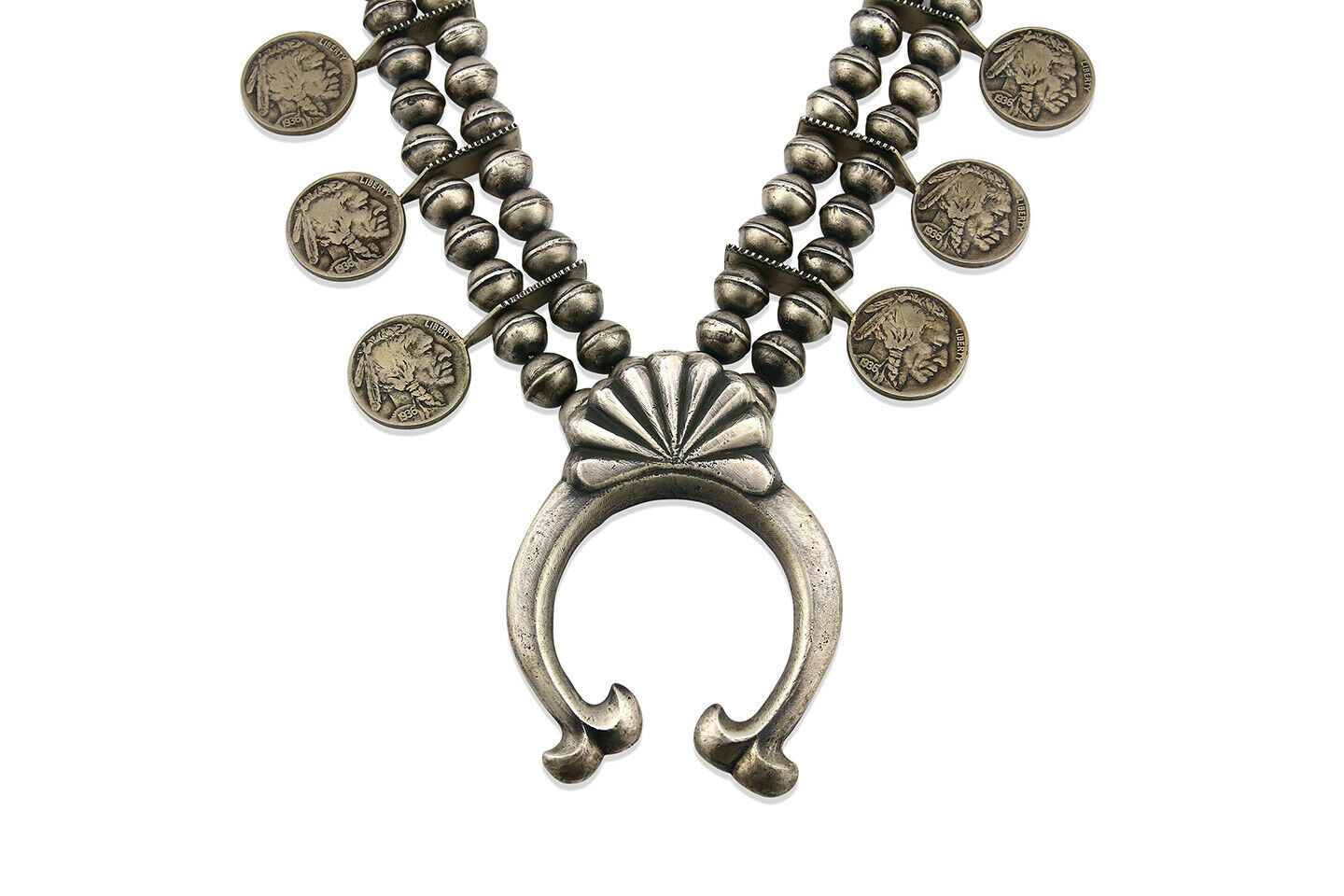 Navajo Buffalo Nickle Squash Necklace .925 Silver Sand Cast Native