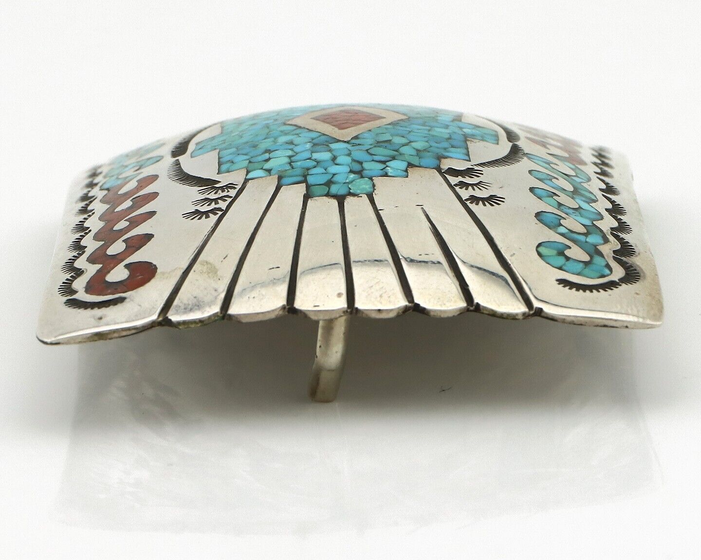 Navajo Belt Buckle 925 Silver Handmade Chip Inlay Artist Signed B C.80s