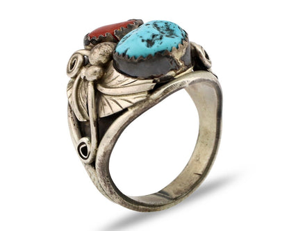 Zuni Ring 925 Silver Blue Turquoise & Coral Artsti Signed Patsy Allopowa C.80's