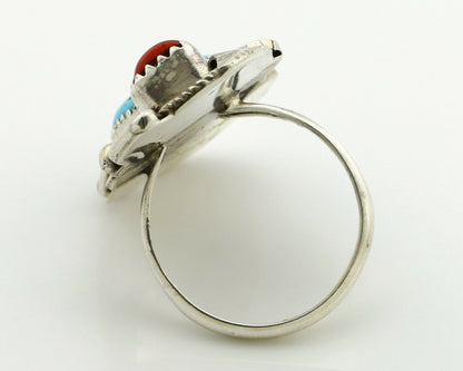 Navajo Ring .925 Silver Turquoise & Coral Artist Signed Justin Morris C.1980's