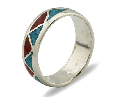 Navajo Chip Inlay Ring 925 Silver Sleeping Beauty Turquoise & Coral Silver Cloud