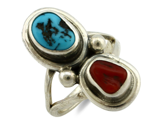 Navajo Ring .925 Silver Red Coral & Blue Turquoise Native Artist C.80's