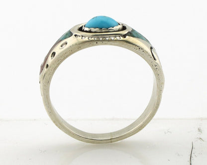 Navajo Inlay Band Ring 925 Silver Turquoise & Coral Native Artist C.80's