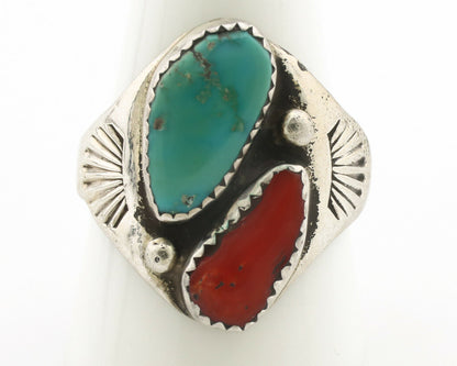 Zuni Ring .925 Silver Natural Turquoise & Coral Native American Artist C.1980's