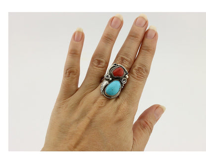 Navajo Ring 925 Silver Blue Turquiose & Coral Artist Signed Justin Morris C.80's