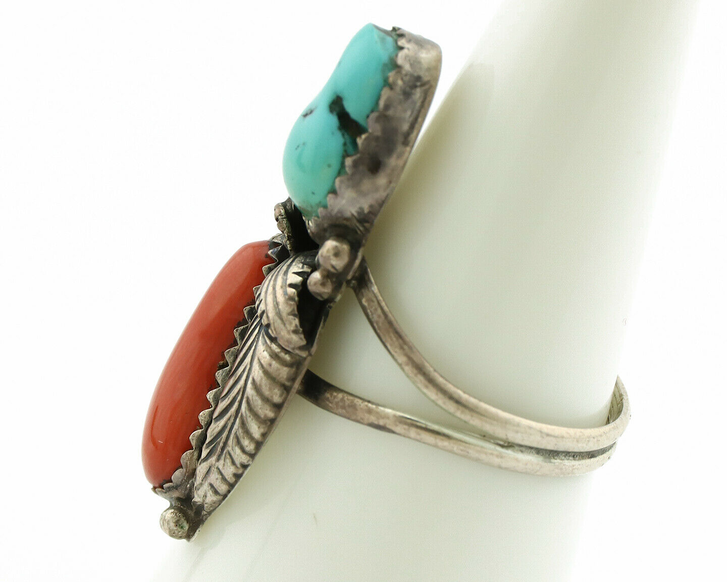 Navajo Ring .925 Silver Turquoise & Coral Artist Signed Tom Willeto C.80's