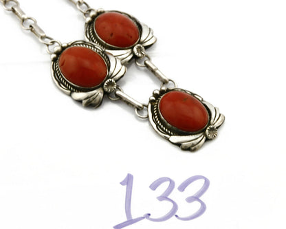 Women's Navajo Necklace .925 Silver Mediterranean Coral Pendant Signed J