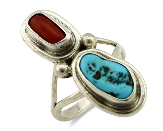 Navajo Ring .925 Silver Red Coral & Blue Turquoise Native Artist C.80's