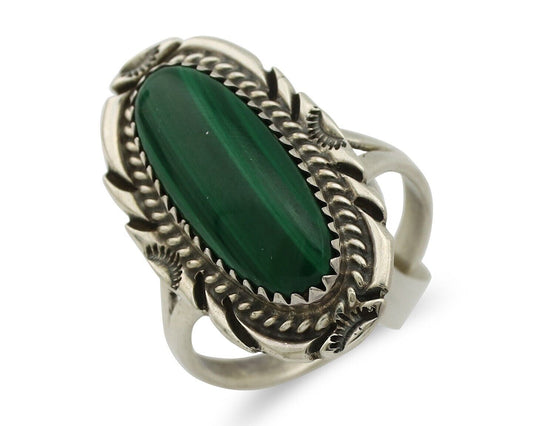 Navajo Ring .925 Silver Malachite Hand Stamped Native American Artist C.80's