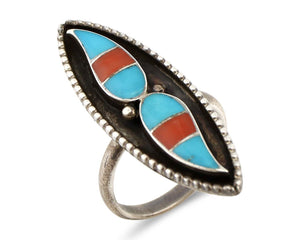 Zuni Handmade Ring .925 Silver Turquoise & Coral Artist Signed L&J C.80's