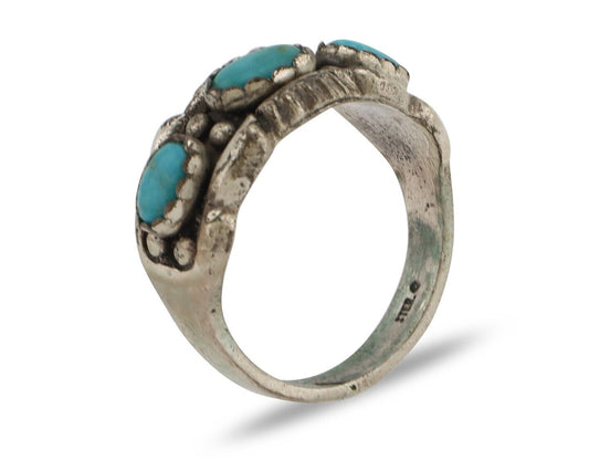 Navajo Ring .925 Silver Natural Blue Turquoise Artist Signed Sun Bell C.80's