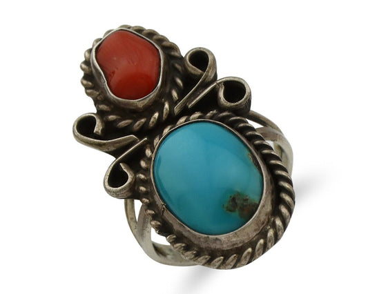 Navajo Ring 925 Silver Blue Turquiose & Mediterranean Coral Native Artist C.80's