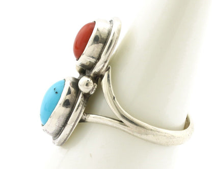 Navajo Inlay Band Ring 925 Silver Turquoise & Coral Native Artist C.80's