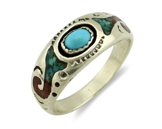 Navajo Handmade Ring 925 Silver Blue Turquoise & Coral Native American C.80's