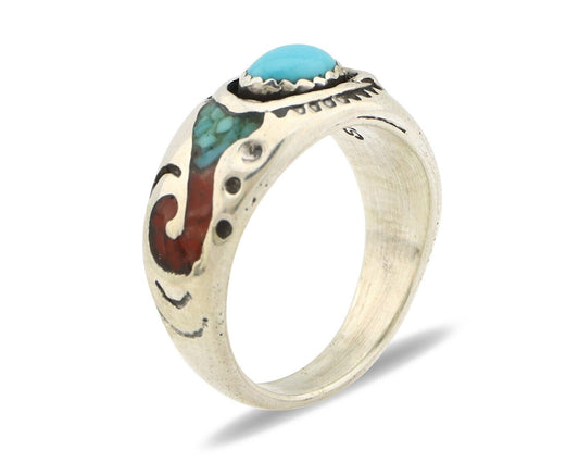 Navajo Handmade Ring 925 Silver Blue Turquoise & Coral Native American C.80's