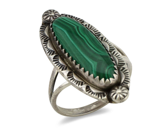 Navajo Ring 925 Silver Natural Malachite Artist Native American Signed H C.80's