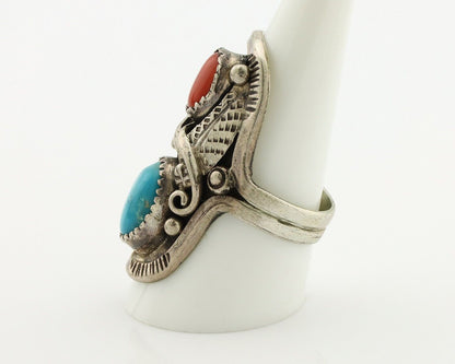 Navajo Ring 925 Silver Blue Turquiose & Mediterranean Coral Native Artist C.80's