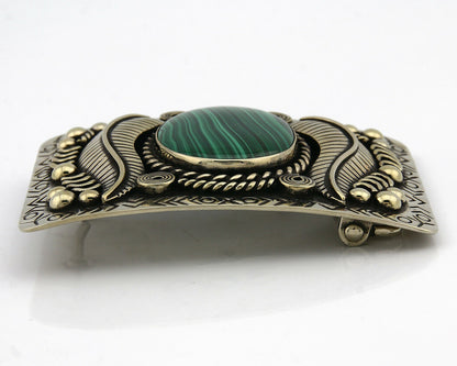 Navajo Handmade Belt Buckle .999 Nickle Silver Malachite Artist Signed Tipi C80s