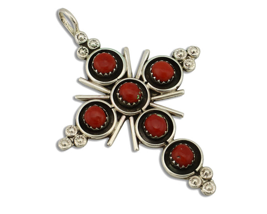 Zuni Handmade Cross Necklace 925 Silver Red Coral Artist Signed NOM? C.80's