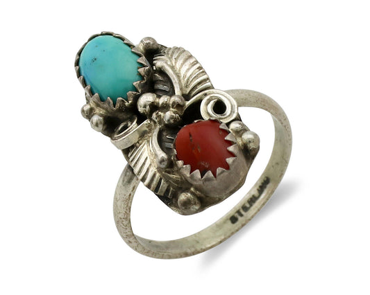 Navajo Ring 925 Silver Turquoise & Coral Artist Signed Native American C.80s