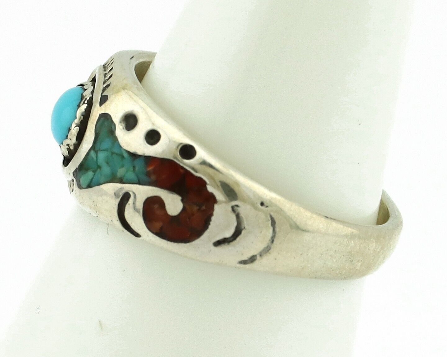 Navajo Handmade Ring 925 Silver Blue Turquoise & Coral Native American C.80's