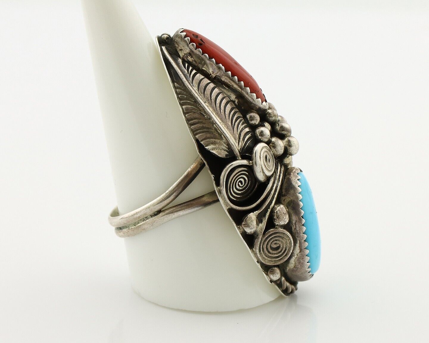 Navajo Ring 925 Silver Blue Turquiose & Coral Artist Signed JM C.80's