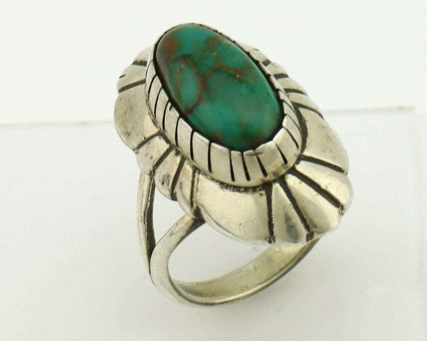 Navajo Ring .925 Silver Green Turquoise Artist Signed M Montoya C.80's