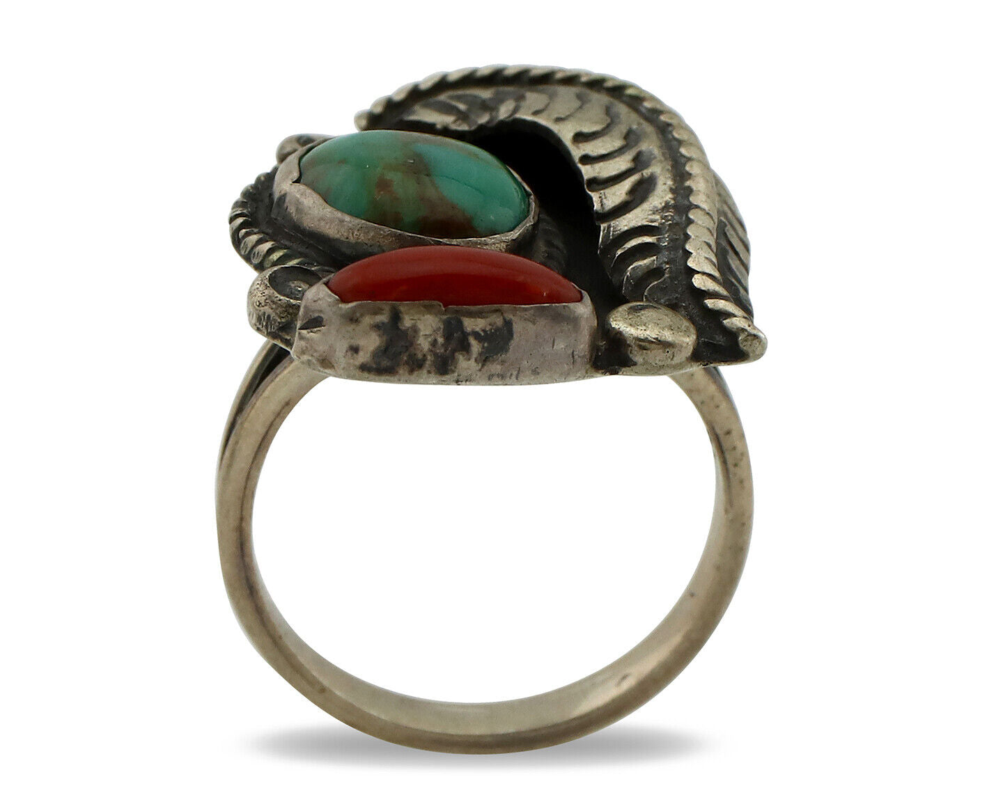 Navajo Ring 925 Silver Turquoise & Coral Handmade Native American Artist C.1980s