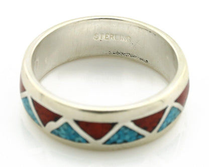 Navajo Chip Inlay Ring 925 Silver Sleeping Beauty Turquoise & Coral Silver Cloud