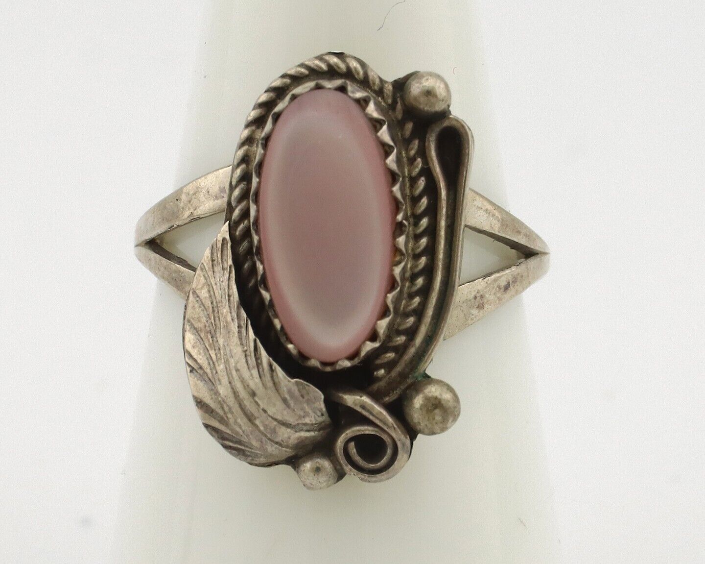 Navajo Ring .925 Silver Natural Pink Mussel Artist Signed Justin Morris C.80's