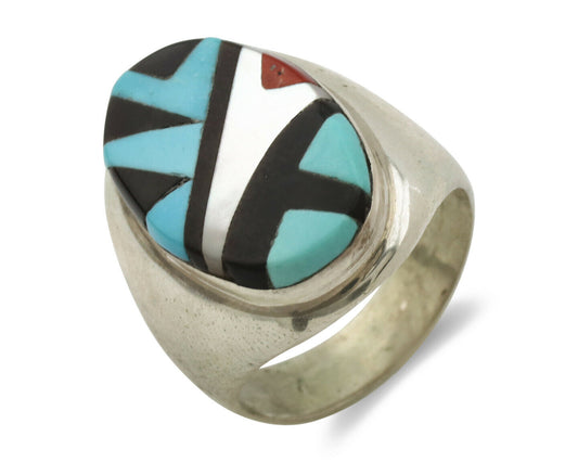 Zuni Inlaid Ring .925 Silver Gemstone Artist Richard & Geneva Terraza C.1980's