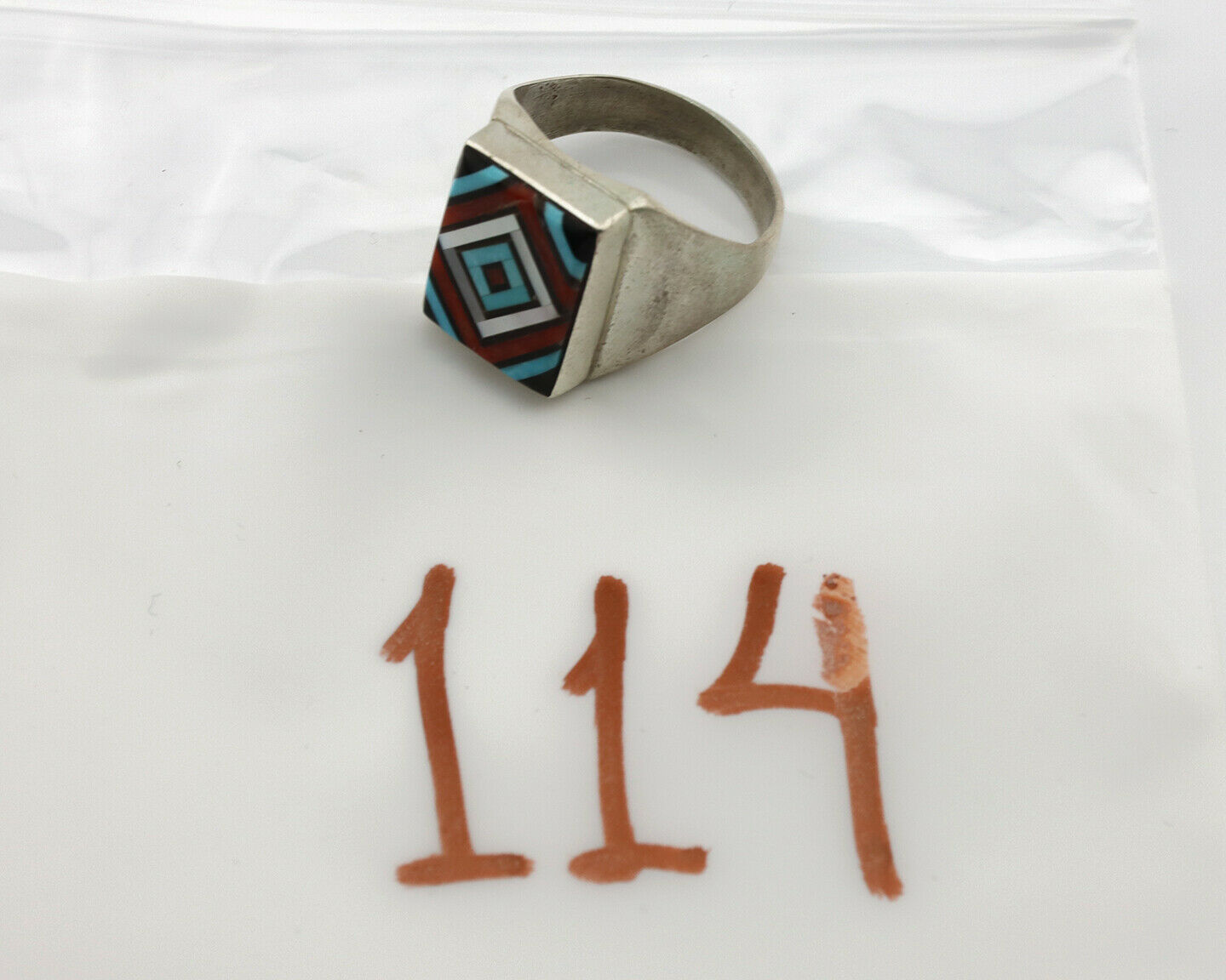 Zuni Inlaid Ring .925 Silver Gemstone Artist Varden Vacit C.1980's