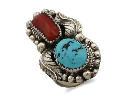 Navajo Ring 925 Silver Blue Turquoise & Coral Signed Stanley Bain C.80's