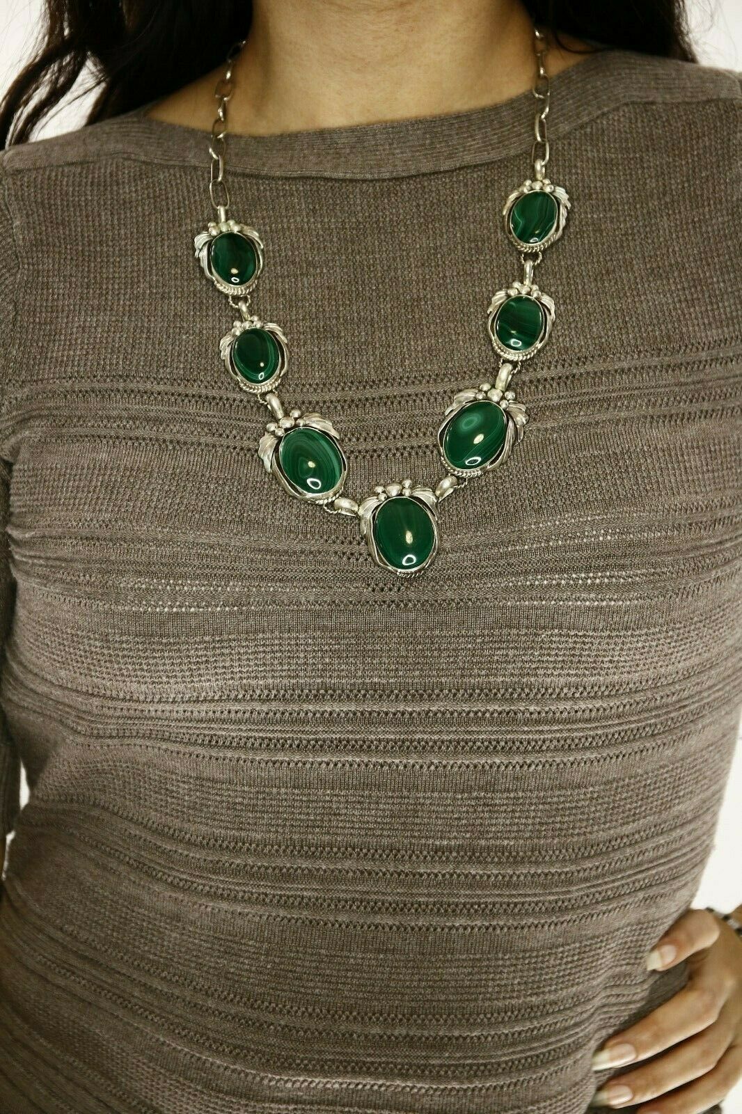 Navajo Malachite Necklace .925 Silver Artist Billie Eagle C.80's